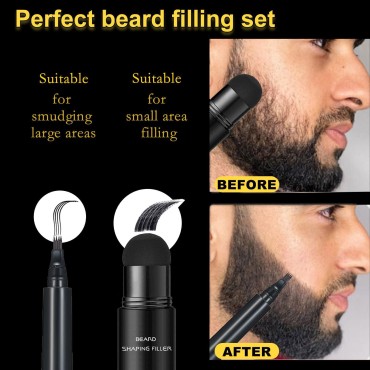 Beard Pencil Filler for Men Black, 4-Tip Beard Filler Pen Waterproof & Long Lasting Natural Makeup Beard Pen with Beard Brush Detailing Filler Moustache & Eyebrows (Black Beard Pen Kit)