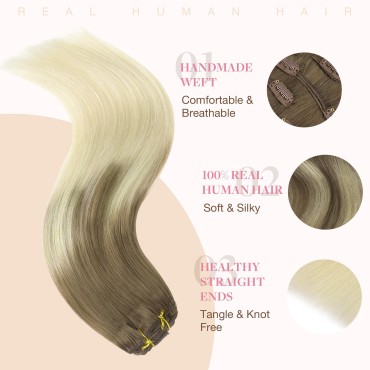 GOO GOO Clip-in Hair Extensions for Women, Soft & Natural, Handmade Real Human Hair Extensions, Ombre Ash Brown to Platinum Blonde, Long, Straight #T9/60, 7pcs 120g 18 inches