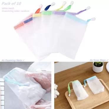 FULINJOY 10 PCS Exfoliating Mesh Soap Saver Pouch Bag Sack, Face Cleansing Foaming Nets, White Pouch with Drawstring (Color Random)
