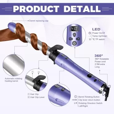 Rotating Hair Curling Iron-Lyealion 3 Interchangeable Heating Iron Barrels Automatic Hair Styling Curler to Create Big Wavy Curls, LCD Display Fast Heat-UP 430°F Ceramic Coating