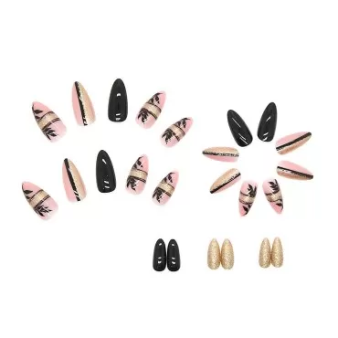 IMSOHOT Almond Press on Nails Medium Stiletto Glossy Fake Nails Black Glitter False Nails with Designs Full Cover Acrylic Nails