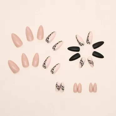 IMSOHOT Glossy Almond Medium Press on Nails Stiletto Black Fake Nails with Nail Glue Leopard Print False Nails 24Pcs Full Cover Acrylic Nails for Women