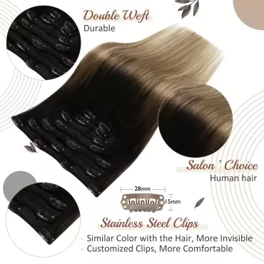 Full Shine Hair Extensions 22 Inch Clip in Human Hair Extensions Black Balayage to Ash Brown Mix Blonde Invisible Hair Clip in Extensions Double Weft 7Pcs 120 Grams for Long Hair