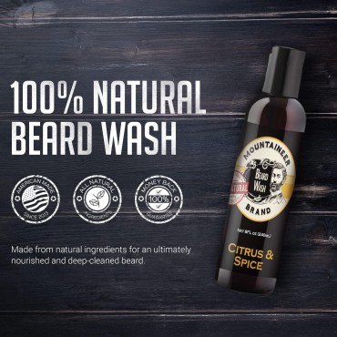 Mountaineer Brand Beard Wash For Men | 100% Natural Beard Shampoo | Thick Cleaning Softening Lather | Grooming Treatment with Orange, Grapefruit, Clove Essential Oils | Appalachia Scent 8oz
