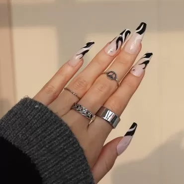 IMSOHOT Coffin Press on Nails Long Press on Nails White French Tips Black Flame False Nails with Designs Rhinestone Full Cover Glossy Ballerina Acrylic Nails for Women 24Pcs