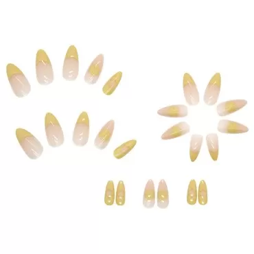 IMSOHOT 24Pcs Almond Press on Nails Medium Cute Stiletto Fake Nails Flower French Yellow False Nails with Designs Full Cover Glue on Nails for Women and Girls