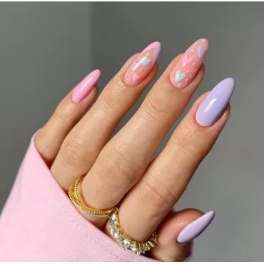 IMSOHOT Glossy Almond Press on Nails with Glue Medium Heart Stiletto Pink False Fake Full Cover Acrylic Nails for Women