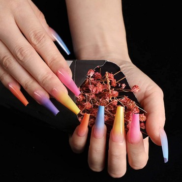 IMSOHOT 24Pcs Coffin Press on Nails Long Rainbow French Fake Nails with Designs Ballerina Gradient Glossy Stick on Nails Acrylic Nails for Women and Girls