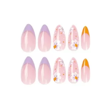 IMSOHOT Almond Press on Nails Medium French Fake Nails Flower Stiletto False Nails with Designs Full Cover Acrylic Nails Glossy Glue on Nails for Women 24Pcs