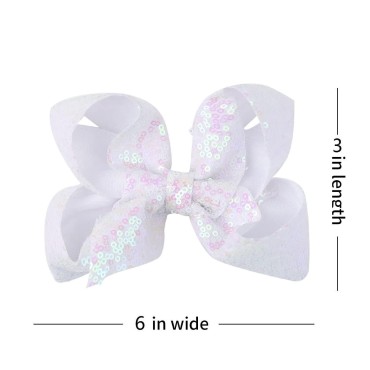 AMYDECOR 6 Inch White Sparkly Glitter Sequin Hair Bows for Girls Toddlers Kids Children Teenage (2PCS)