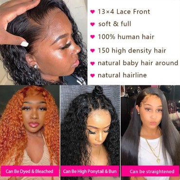 Deep Wave Lace Front Wigs Human Hair 13x4 HD Lace Frontal Wigs Human Hair Deep Curly Human Hair Wigs for Women Glueless Brazilian Virgin Hair Wet and Wary Human Hair Wigs Pre Plucked Hairline with Baby Hair Natural Black Color (24inch)