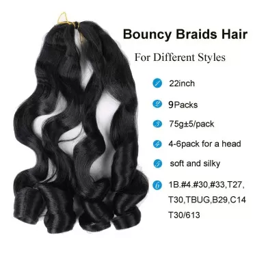 LMZIM French Curly Braiding Hair 9 Pack Black French Curls 22 inch Bouncy Braiding Hair French Curl Braiding Hair Curly ends Synthetic Hair Extensions Pre Streched Wavy Braiding Hair