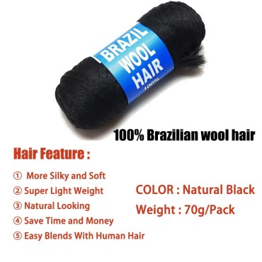 Brazilian Wool Hair Acrylic Yarn 100% for African Crochet Braid/Box Braids/Jumbo Braiding/Senegalese Twist/Faux Locs/Twist Wraps Synthetic Fiber Hair Extensions Natural Black Color