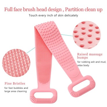 Inmorven Back Scrubber for Shower Silicone Body Brush 30 inches/76 cm Extra Long Exfoliating Body Scrubber with Handle for Men and Women Long Lasting and Easy to Clean. (Pink, L-30 Inch)