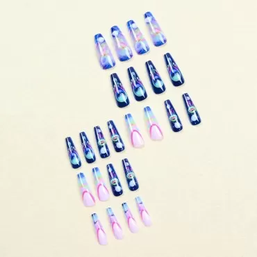 IMSOHOT Extra Long Press on Nails Coffin Blue Fake Nails Glossy Acrylic Ballerina False Nails Glue on Nails Skeleton Full Cover Graffiti Nails with Evil Eyes Designs 24PCS