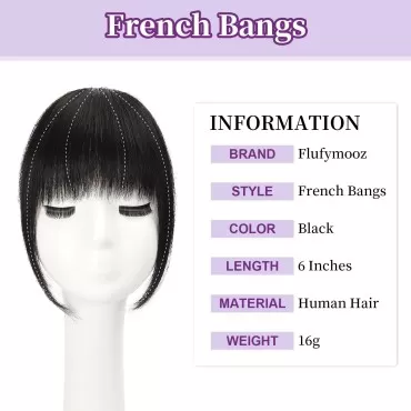 FLUFYMOOZ Clip in Bangs 100% Human Hair, Bangs Hair Clip Extensions, Clip on Bangs Wispy Bangs French Bangs Fringe with Temples Hairpieces for Women, Fake bangs for Daily Wear?French Bangs Natural Black ?