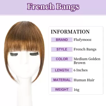 FLUFYMOOZ Clip in Bangs 100% Human Hair, Bangs Hair Clip Extensions, Clip on Bangs Wispy Bangs French Bangs Fringe with Temples Hairpieces for Women, Fake bangs for Daily Wear(French Bangs Medium Golden Brown)