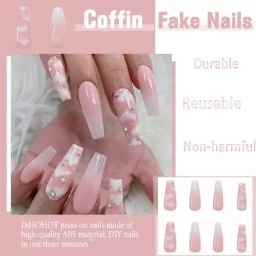 IMSOHOT Coffin Pink Press on Nails Long Gradient Clouds Fake Nails with Designs Glossy Ballerina False Nails Glue on Nails Acrylic Nails for Women and Girls