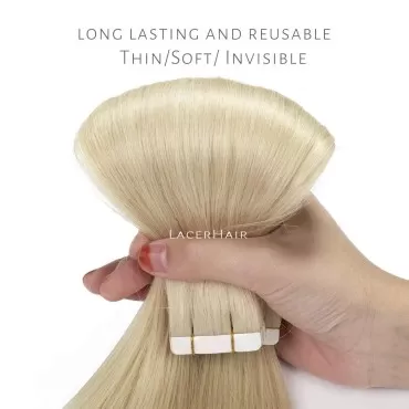 Lacer Hair Tape in Human Hair Extensions Natural Hair Dip Dyed Balayage #60A Light Platinum blonde Seamless PU Skin Weft 100% Real Virgin Invisible Hair Double Side 50g 20pcs/set 18 inch