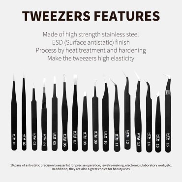 16 Pcs Sharp Precision Tweezers Set,Including 16 T...