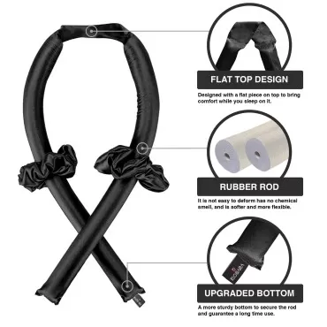 Heatless Hair Curler for Long Hair, No Heat Silk Curling Ribbon Rods with Hair Claw Clip-Curling Ribbon and Flexi Rods DIY Hair Styling Tools for Natural Hair (Black)