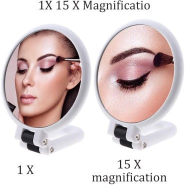 FUHUIM 1x 15x Magnifying Handheld Mirror, Double Sided Pedestal Magnification and True Image Makeup Mirror, Compact Size and Portable Vanity Cosmetic Mirror for Girl, 9.3