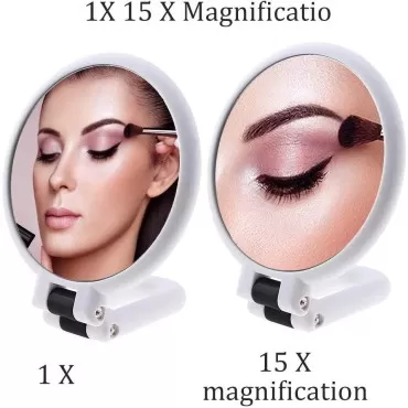 FUHUIM 1x 15x Magnifying Handheld Mirror, Double Sided Pedestal Magnification and True Image Makeup Mirror, Compact Size and Portable Vanity Cosmetic Mirror for Girl, 9.3