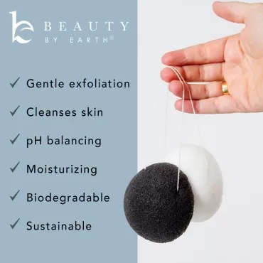 Konjac Sponge - 2 Pack of Natural Facial Sponges for Gentle Cleansing and Face Exfoliating Loofah for Use with Wash, Cleanser or Oil to Clean Skin (1 White Natural, 1 Black Charcoal)