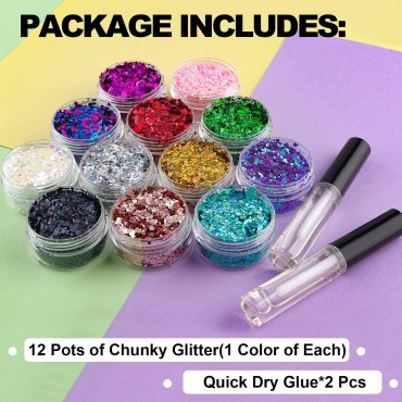 12 Colors of Holographic Chunky Glitter with Quick Dry Glue, 12 Pots Total 120g Multi-Shaped for Body Hair Face Eyes Make-up, Nail Art and Bedazzling in Party/Concert/Events Glitter