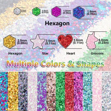 12 Colors of Holographic Chunky Glitter with Quick Dry Glue, 12 Pots Total 120g Multi-Shaped for Body Hair Face Eyes Make-up, Nail Art and Bedazzling in Party/Concert/Events Glitter