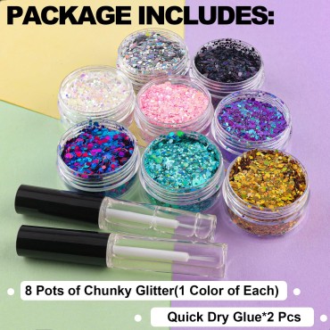 8 Colors of Holographic Chunky Glitter with Quick Dry Glue Pack 1, 8 Pots Total 80g Multi-Shaped for Body Hair Face Eyes Make-up, Nail Art and Bedazzling in Party/Concert/Events Glitter