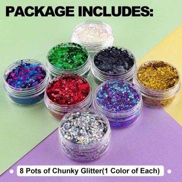 8 Colors of Holographic Chunky Glitter No Glue Attached Pack 2, 8 Pots Total 80g Multi-Shaped for Body Hair Face Eyes Make-up, Nail Art and Bedazzling in Party/Concert/Events Glitter