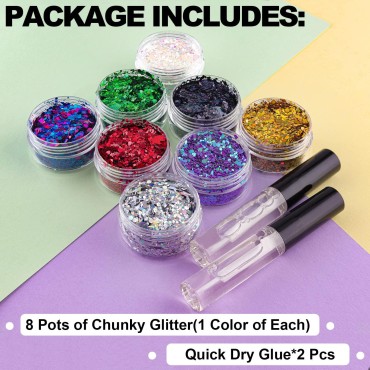 8 Colors of Holographic Chunky Glitter with Quick Dry Glue Pack 2, 8 Pots Total 80g Multi-Shaped for Body Hair Face Eyes Make-up, Nail Art and Bedazzling in Party/Concert/Events Glitter