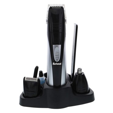Barbasol Portable Battery Powered All in 1, 7 Piece Beard Grooming Set with Ear and Nose Trimmer, Foil Shaver and Beard Trimmer with Stainless Steel Blades and Stand