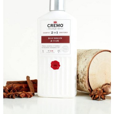 Cremo Bourbon & Oak Barber Grade 2-in-1 Shampoo & Conditioner, 16 Fl Oz (2-Pack) - A Sophisticated Blend of Distiller’s Spice, Fine Bourbon and White Oak