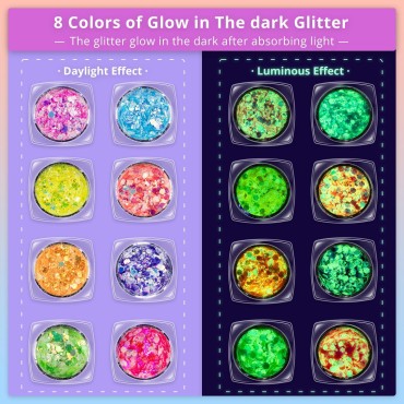Chunky Glitter and Glow in The Dark Glitter 16 Colors with Glue Set 1, Holographic Body Glitter + Glow Glitter for Women Face Body Nail Hair Sparkle Makeup at The Concert/Festival/Rave Party
