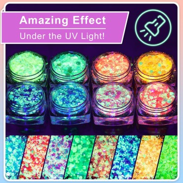 Chunky Glitter and Glow in The Dark Glitter 16 Colors with Glue Set 1, Holographic Body Glitter + Glow Glitter for Women Face Body Nail Hair Sparkle Makeup at The Concert/Festival/Rave Party