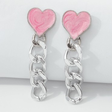Xerling Statement Forever Love Heart Stud Earrings for Women Punk Silver Chain Link Earrings for Girls Chunky Cuban Chain Dangle Drop Earrings (Hot Pink)