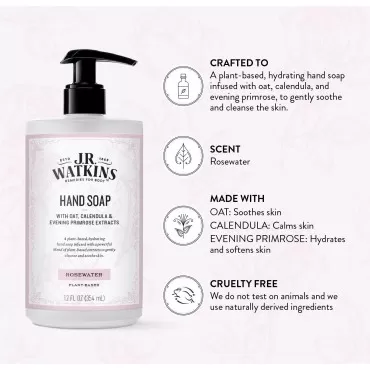 J R Watkins Moisturizing Gel Hand Soap, Rosewater, Plant Based Ingredients, 12 oz Pump