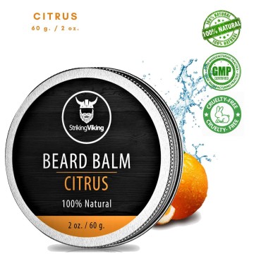 Beard Balm for Men - Leave in Beard Conditioner - Scented Beard Styling Balm Made with Natural & Organic Beard Butter, Argan & Jojoba Beard Oils - Styles, Strengthens & Softens Beards and Mustaches by Striking Viking (Citrus, 2 Ounce (Pack of 1))