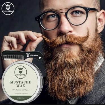 Striking Viking Mustache Wax and Comb Kit - Beard and Moustache Wax for Men with Strong Hold Natural Beeswax - Helps Tame, Style, and Groom (Vanilla Scent, 2 Ounce Size)