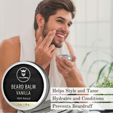Beard Oil and Balm Set - Dual Use Leave in Beard Conditioner Tames, Styles, Softens, and Moisturizes Beards and Mustache - Made with Natural and Organic Argan and Jojobo Oils by Striking Viking (Vanilla, 2 Piece)