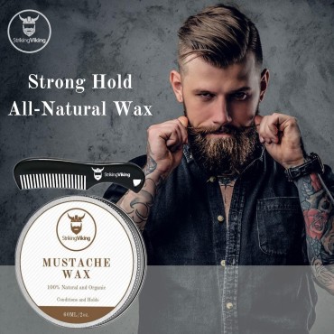 Striking Viking Mustache Wax and Comb Kit - Beard and Moustache Wax for Men with Strong Hold Natural Beeswax - Helps Tame, Style, and Groom (Sandalwood Scent, 2 Ounce Size)