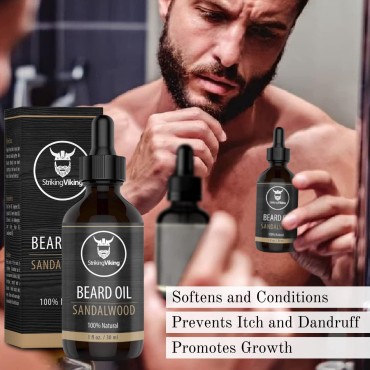 Beard Oil and Balm Set - Dual Use Leave in Beard Conditioner Tames, Styles, Softens, and Moisturizes Beards and Mustache - Made with Natural and Organic Argan and Jojobo Oils by Striking Viking (Sandalwood, 2 Piece)