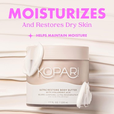 Kopari Ultra Restore Body Butter with Hyaluronic Acid, Vitamin B5 and Coconut Oil for Long-Lasting Hydration | Silky Smooth Moisturizing Body Lotion for Dry Skin | Vegan and Cruelty-Free | 7.7 oz