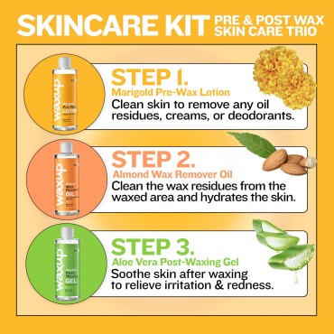 waxup Before And After Waxing Skin Care Kit, Marigold Pre Wax Cleanser, Almond Oil For Skin Wax Remover, Post Wax Cooling Aloe Vera Gel, Pre and Post Wax Care for hair removal.