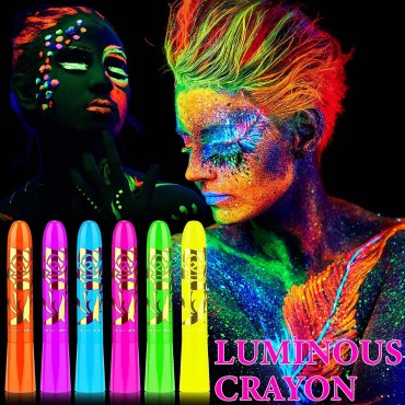 6 Colors Glow in The Black Light Face Body Paint Sticks,UV Neon Glow Fluorescent High Pigmented Face Painting Crayons Kit for Halloween Mardi Gras Festivals Party Masquerades Supplies