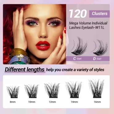 MAEXUS Lash Clusters DIY Eyelash Extensions 120 Clusters Natural Look Lashes C D Curl Mega Volume Wispy Individual Lashes Eyelash Clusters(0.07D, C D, W11L, 8-16mm MIX)