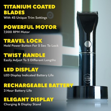 Beard Club Beard Trimmer for Men - Electric Cordless Rechargeable Beard & Hair Trimmer - High Power 7000 RPM - 8 Color Guides 45 Unique Trim Lengths - Travel Lock