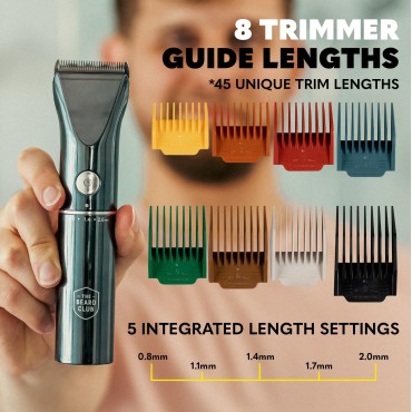 Beard Club Beard Trimmer for Men - Electric Cordless Rechargeable Beard & Hair Trimmer - High Power 7000 RPM - 8 Color Guides 45 Unique Trim Lengths - Travel Lock